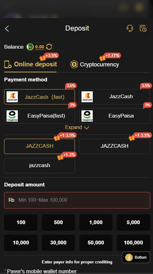 pkr999-deposit options